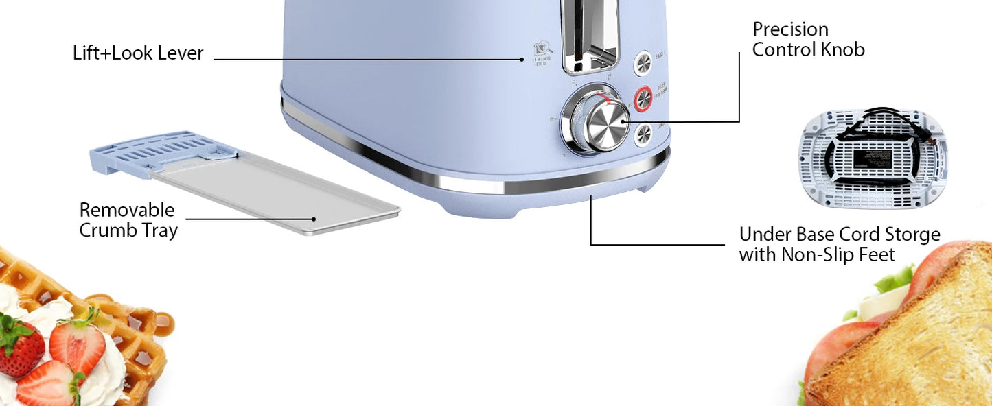 2 Slice Toaster with 1.5" Extra Wide Slots & Removable Crumb Tray 6 Browning Options, Auto Shut Off & Frozen Function, Blue