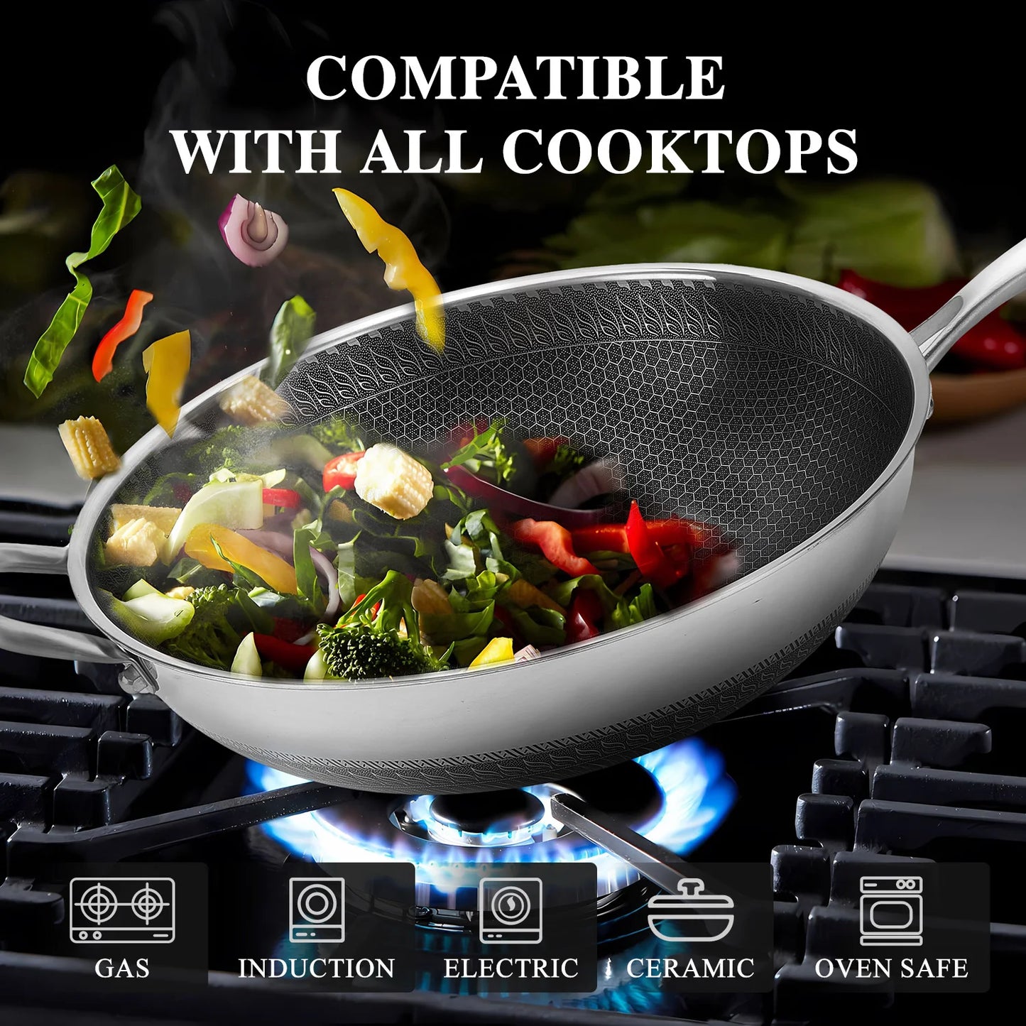 Hign-concerned Chemical Hybrid Wok With Lid Nonstick Stainless Steel