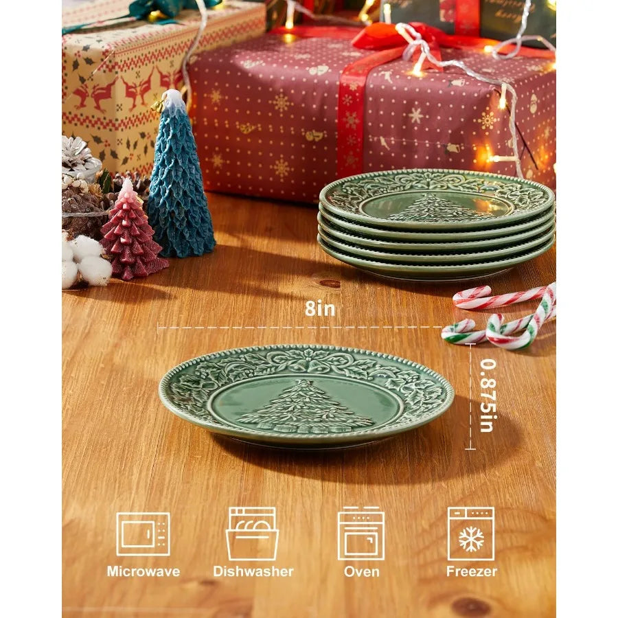 High-Concerned Ceramic Christmas Tree Salad Plates Set For Holidays