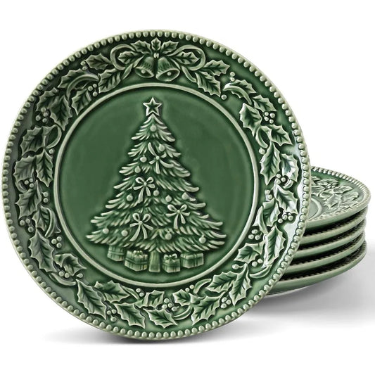 High-Concerned Ceramic Christmas Tree Salad Plates Set For Holidays