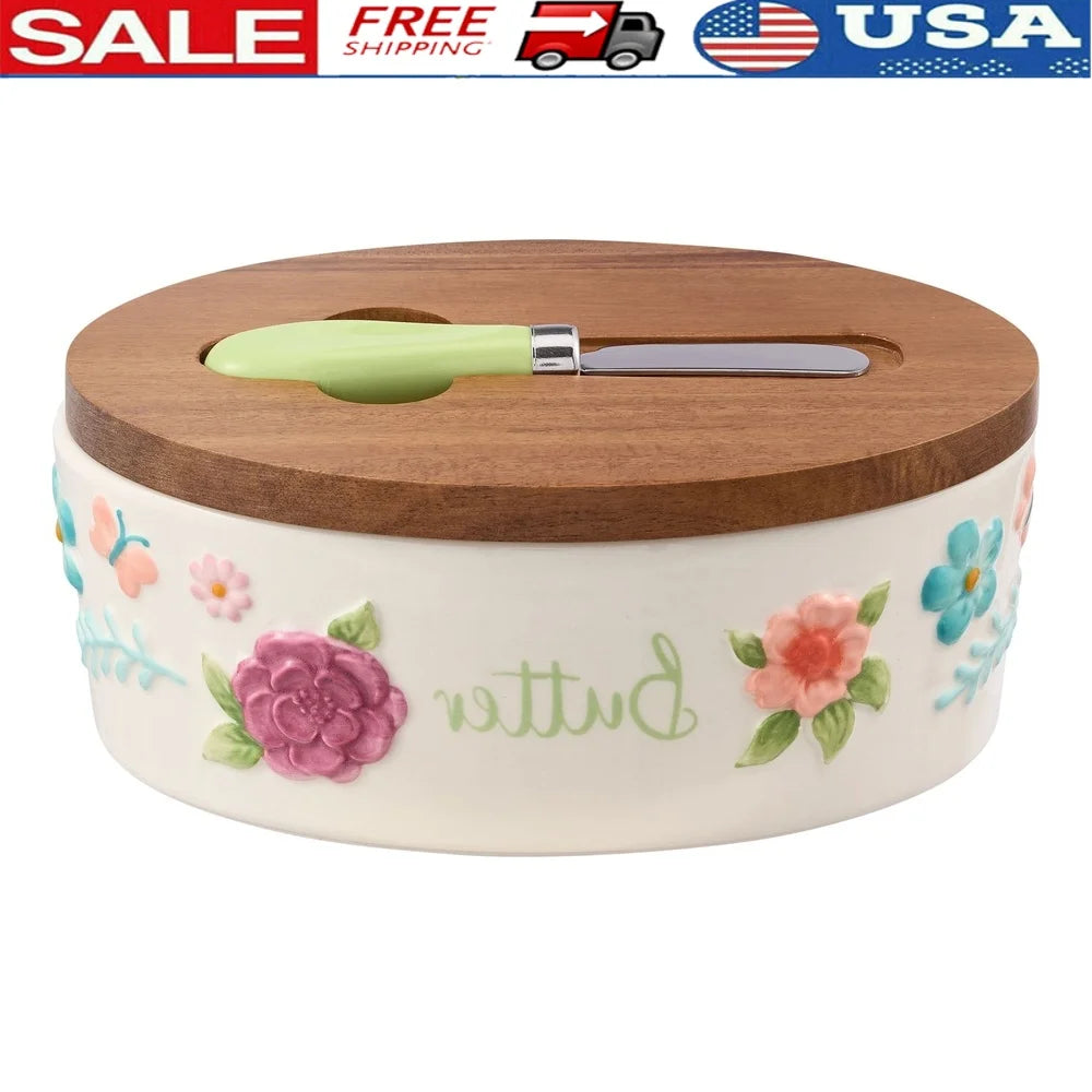 Hign-concerned Painted Meadow Butter Dish With Acacia Wood Lid