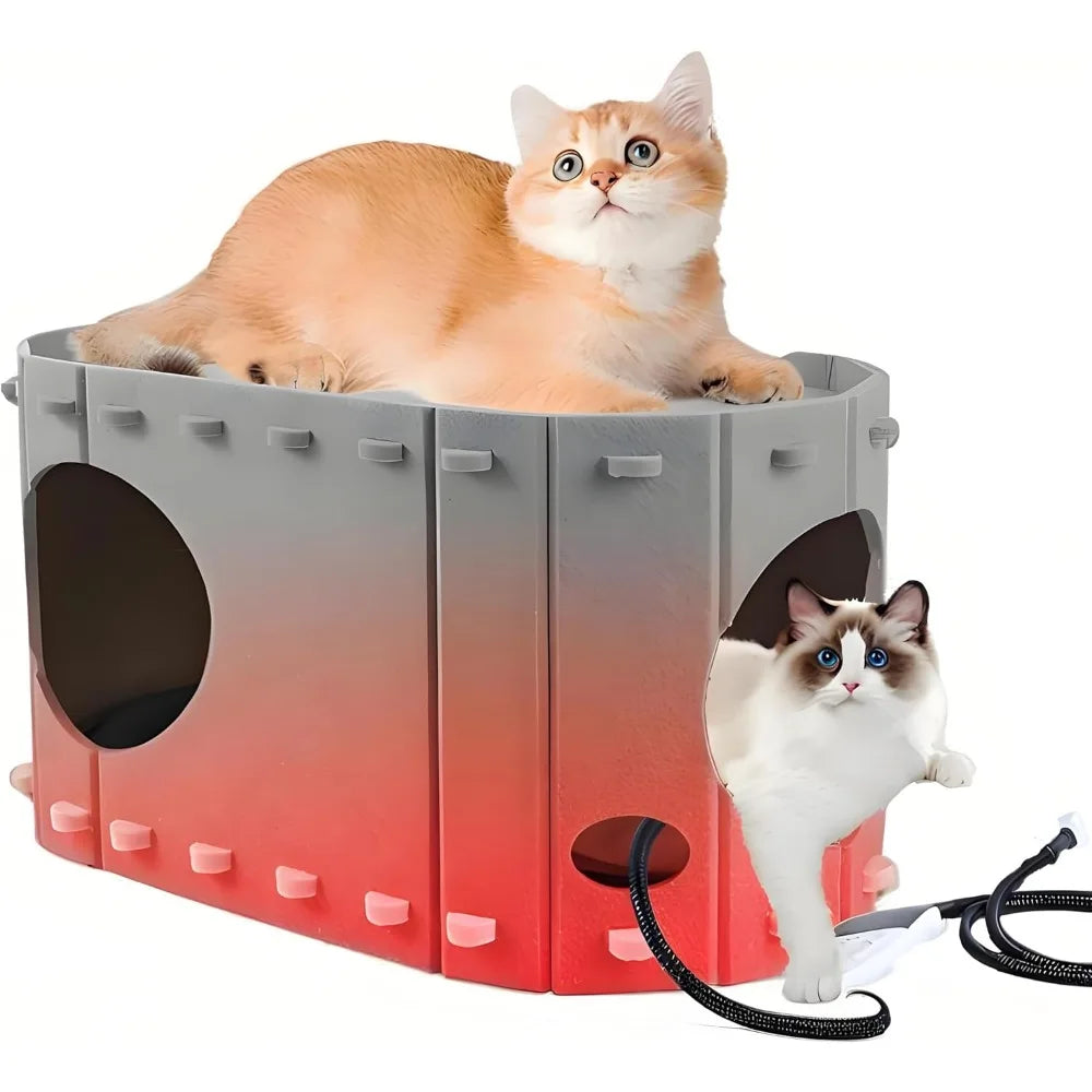 Heated Cat House for Indoor Cats,with Timer & Temp Adjustable Pet Heating Pad Bed Included,Large Foldable Cat Houses & Condos