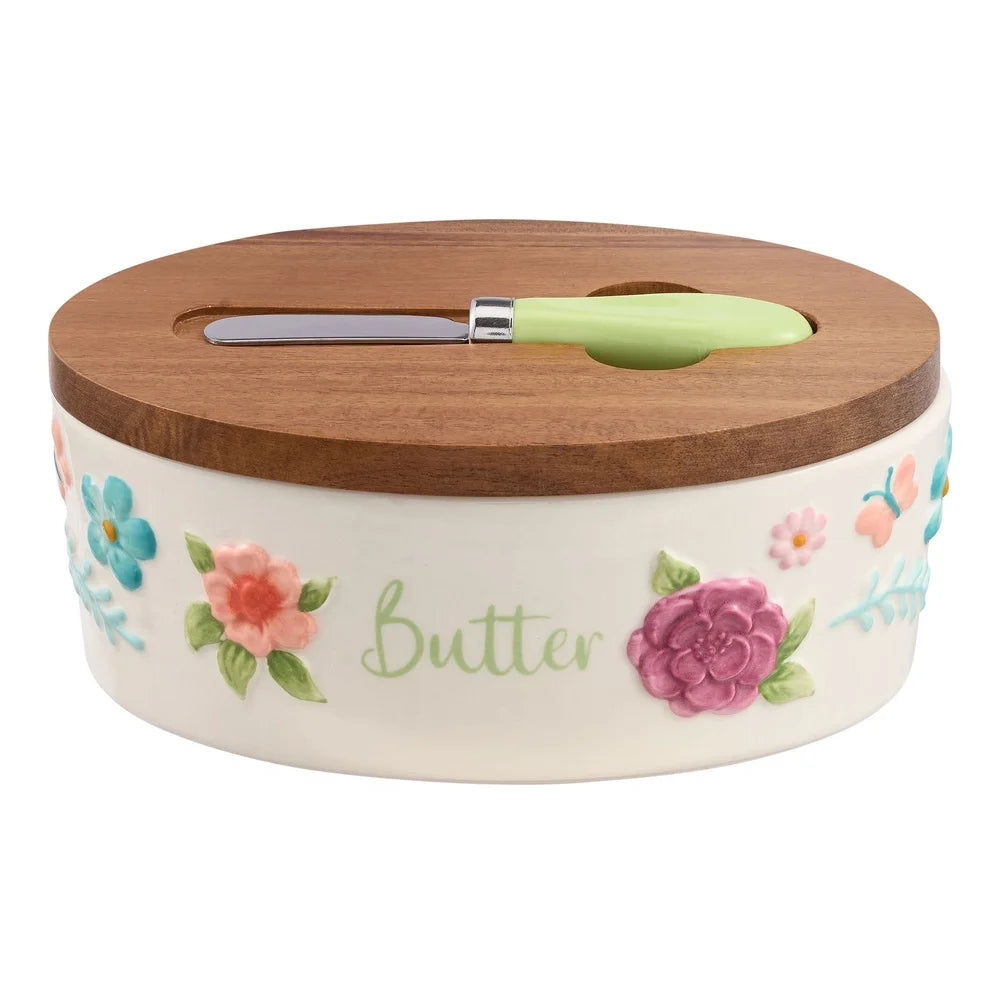 Hign-concerned Painted Meadow Butter Dish With Acacia Wood Lid