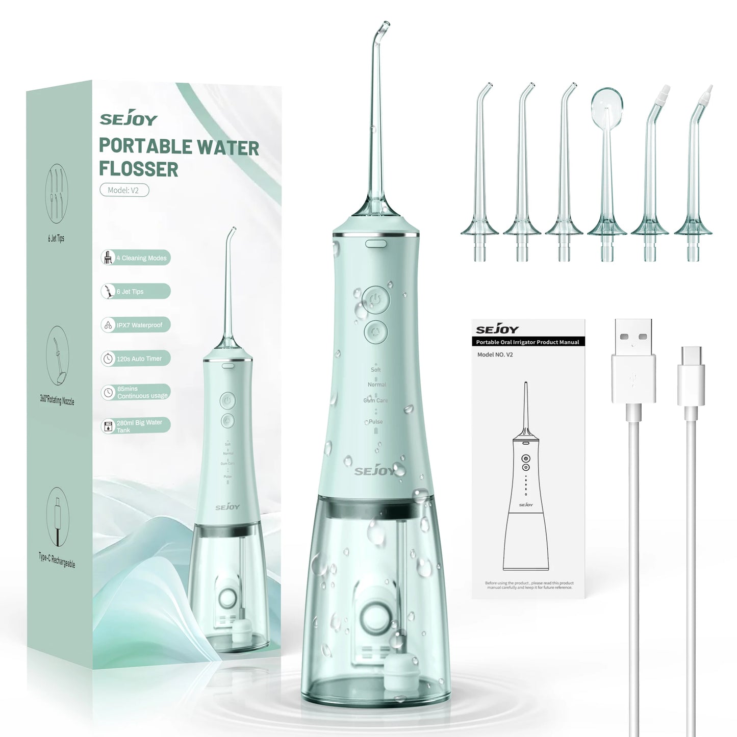 SEJOY Oral Irrigator USB Rechargeable Water Flosser Portable Dental Water Jet 280ML Water Tank Waterproof Teeth Cleaner For Oral