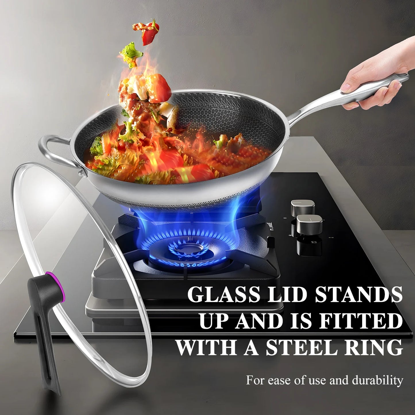 Hign-concerned Chemical Hybrid Wok With Lid Nonstick Stainless Steel