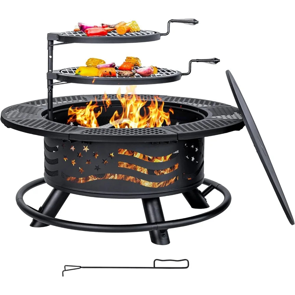 Feature Fire Pit With 2 Cooking Grates Wood Burning BBQ