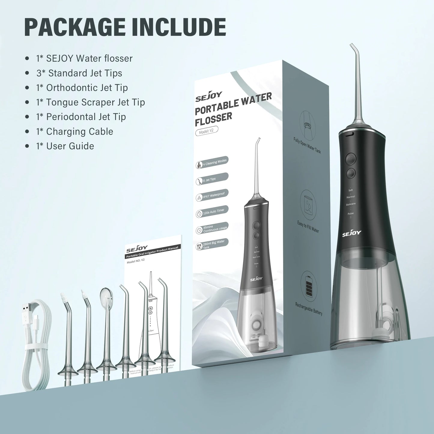 SEJOY Oral Irrigator USB Rechargeable Water Flosser Portable Dental Water Jet 280ML Water Tank Waterproof Teeth Cleaner For Oral