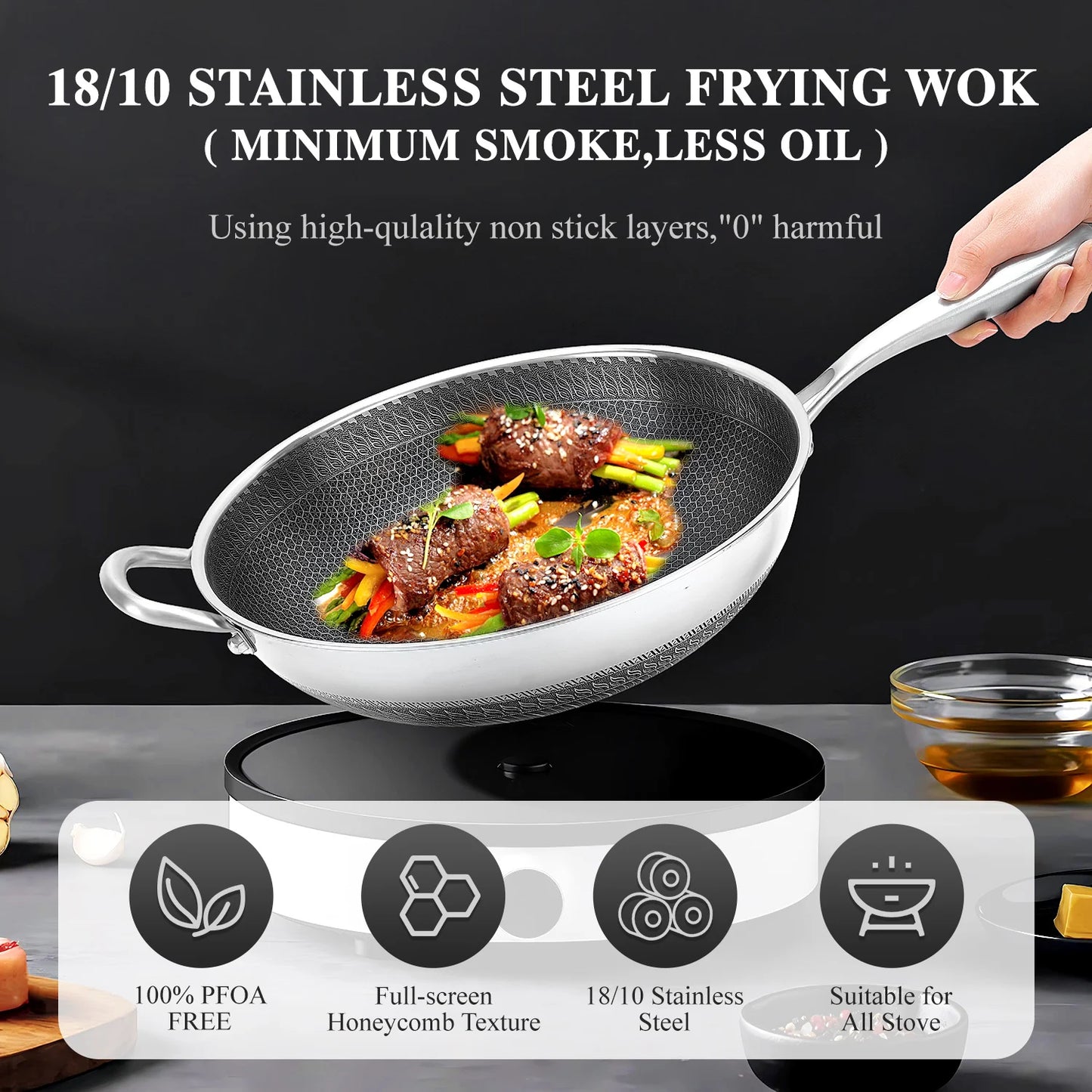 Hign-concerned Chemical Hybrid Wok With Lid Nonstick Stainless Steel