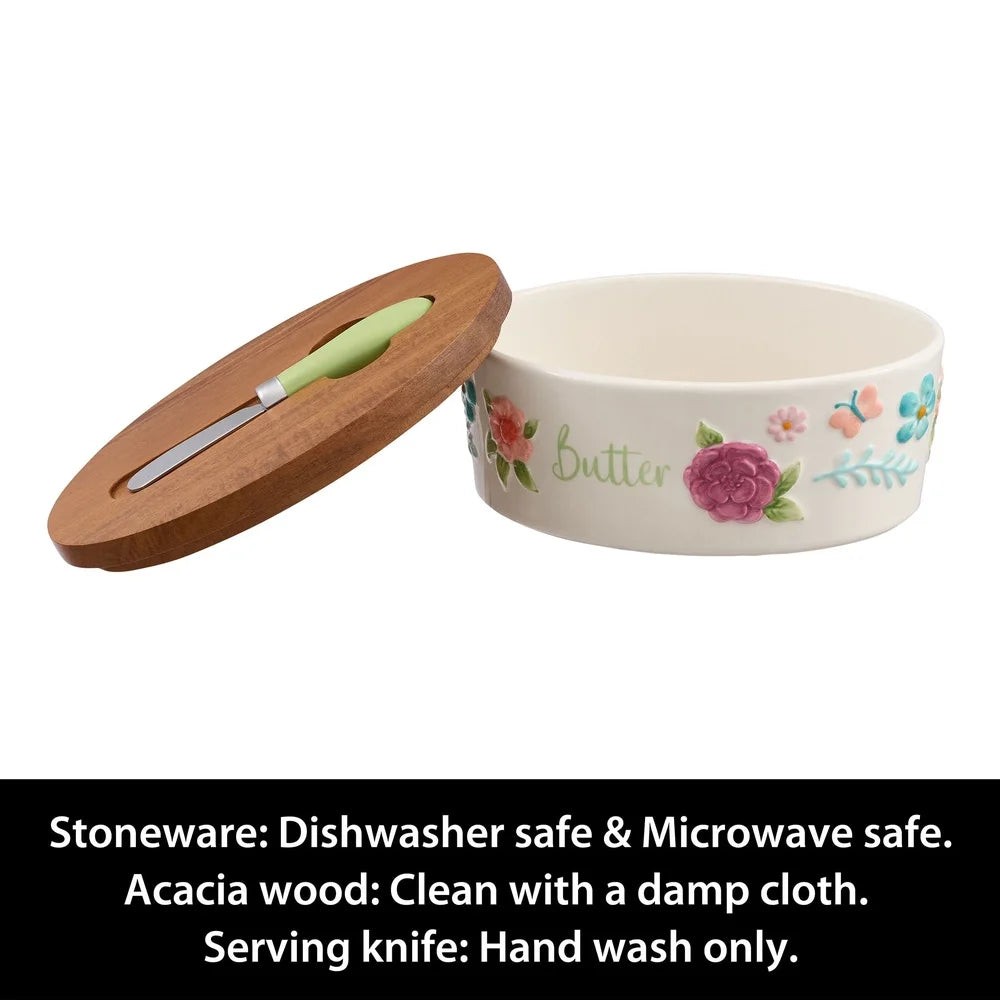 Hign-concerned Painted Meadow Butter Dish With Acacia Wood Lid