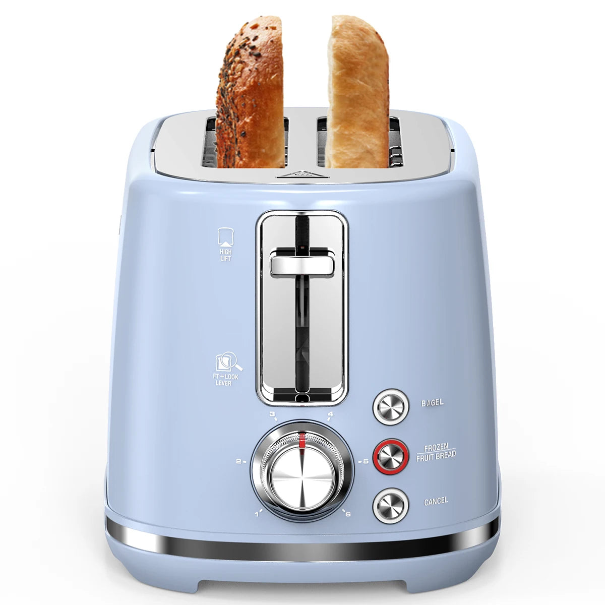 2 Slice Toaster with 1.5" Extra Wide Slots & Removable Crumb Tray 6 Browning Options, Auto Shut Off & Frozen Function, Blue